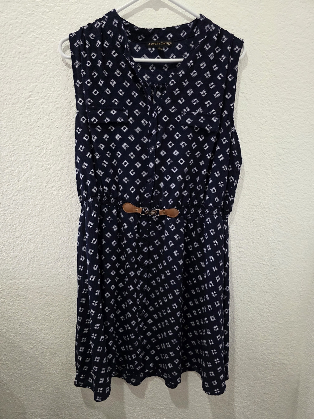 Alvina Indigo Navy Sleeveless Printed Belted Mini Dress